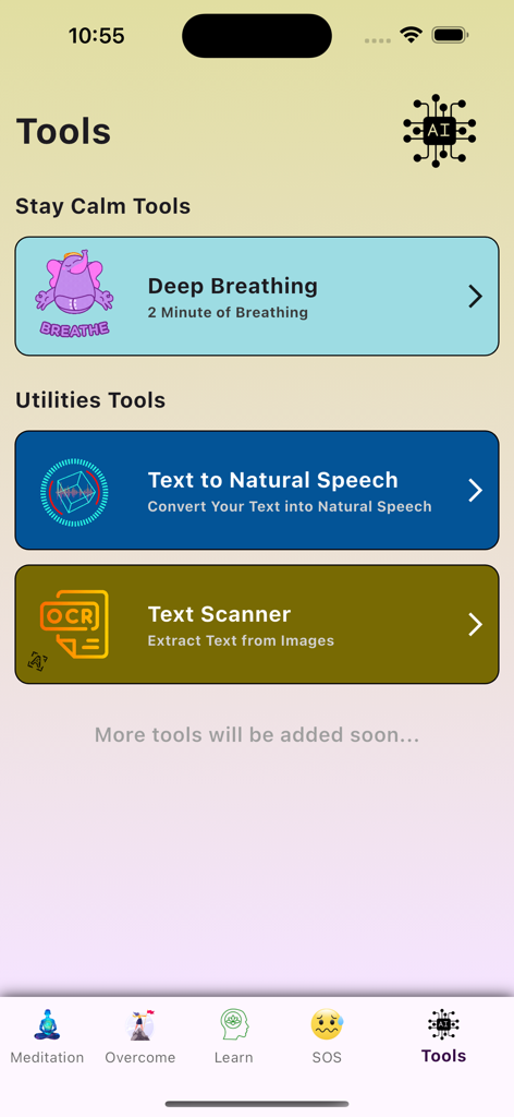 Calmify: Anger Management - Calmifyアプリのツールインターフェース。深呼吸エクササイズとテキストスキャナーなどのユーティリティツールが表示されています。