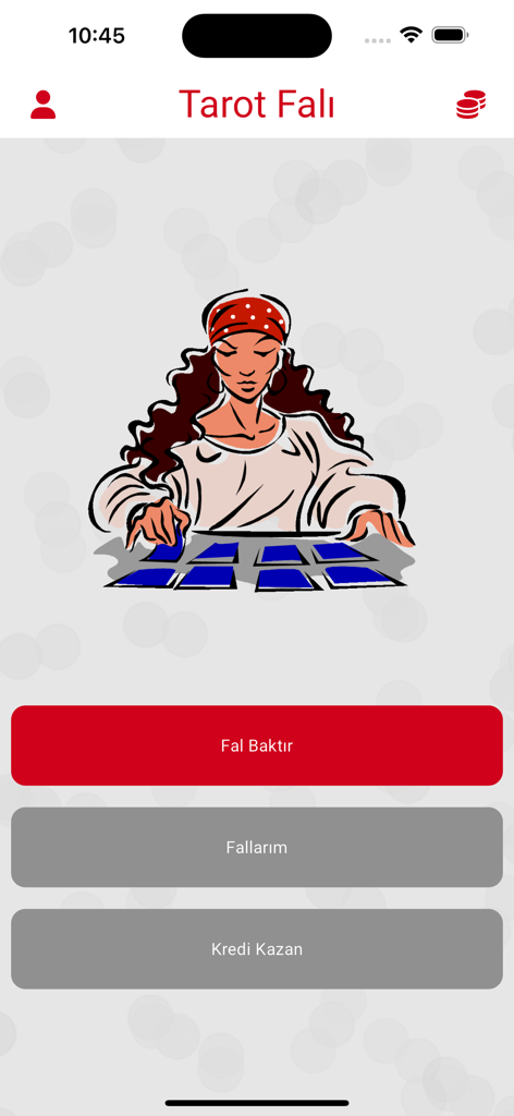 Main menu of the Tarot Fali app featuring an illustration of a fortune teller with tarot cards and buttons for readings and credits.