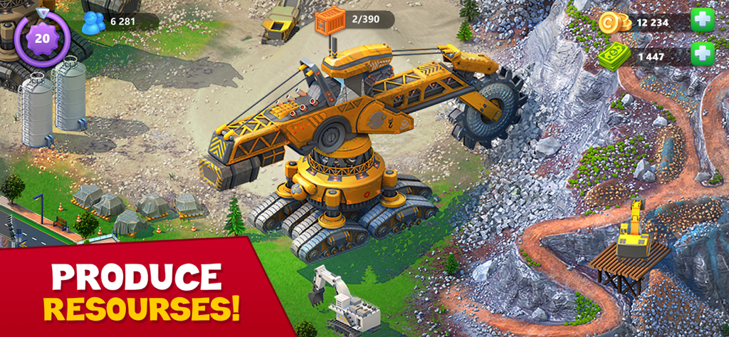 Global City: Building games - Large yellow industrial excavator mining rocks in Global City building game