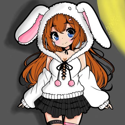 pretty anime girl wearing a fluffy hoodie with bunny ears on the hood and a skirt