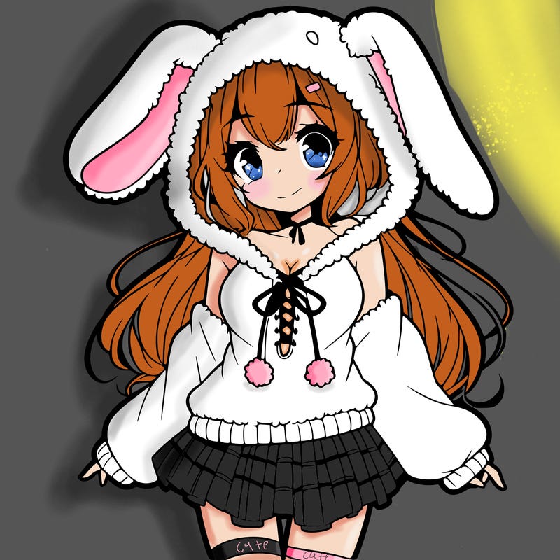 pretty anime girl wearing a fluffy hoodie with bunny ears on the hood and a skirt