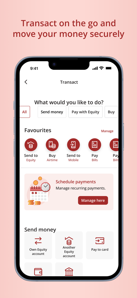 Equity Mobile app transact screen showing options to send money pay bills and schedule payments