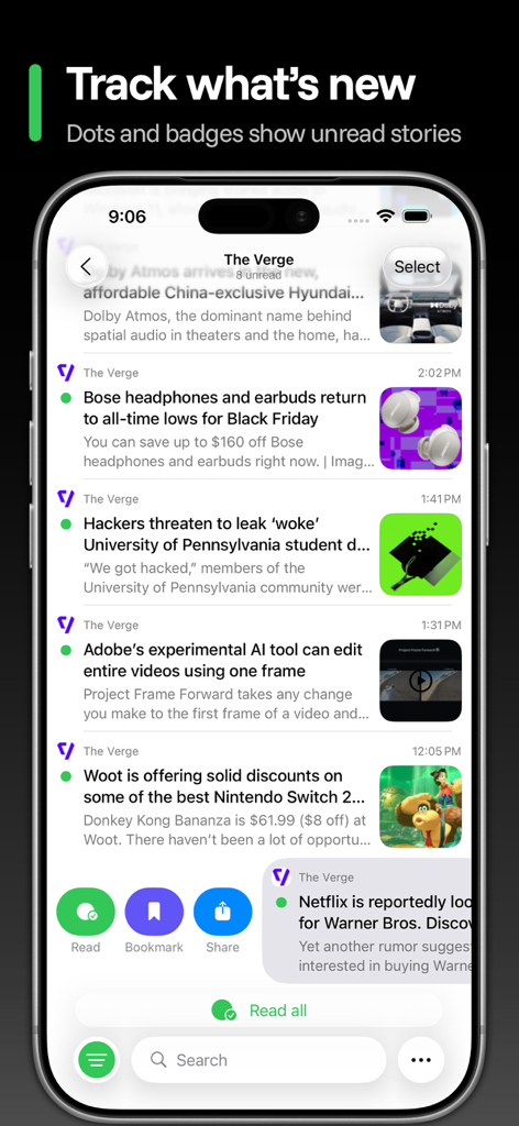 Newsbin-App-Oberfläche auf dem iPhone, die ungelesene Nachrichtenartikel mit grünen Punktindikatoren anzeigt.