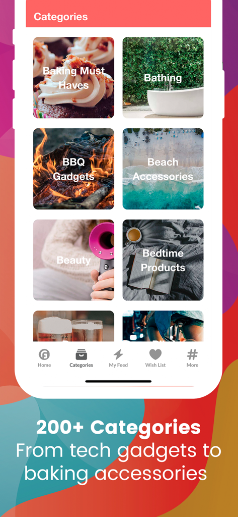 Gadget Flow - Discover & Shop - Una pantalla que muestra varias categorías de compras curadas en la aplicación Gadget Flow, incluyendo gadgets para barbacoa y accesorios de playa.