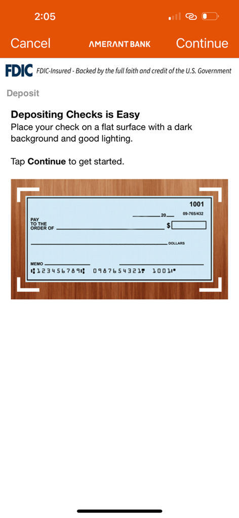Amerant Bank mobile app screen showing instructions for depositing a check by taking a photo.