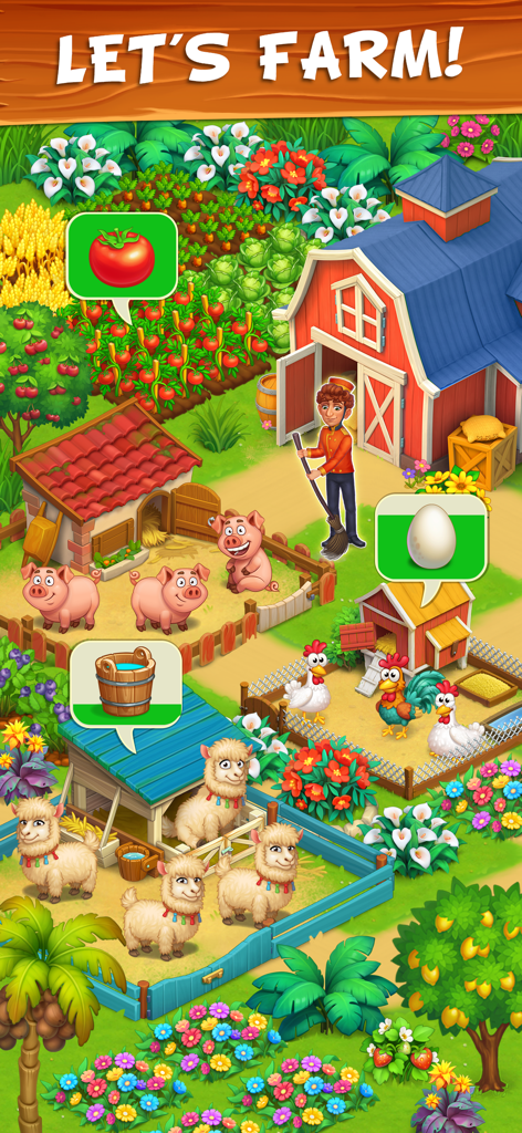 Family Farm - Farming Game - A vibrant mobile game screenshot showing farm animals and a red barn in Family Farm