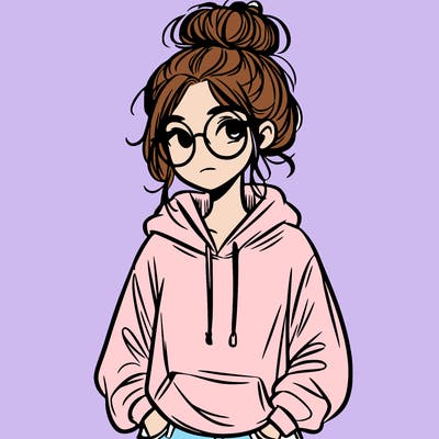 teen girl with a messy bun and glasses wearing a loose hoodie and jeans