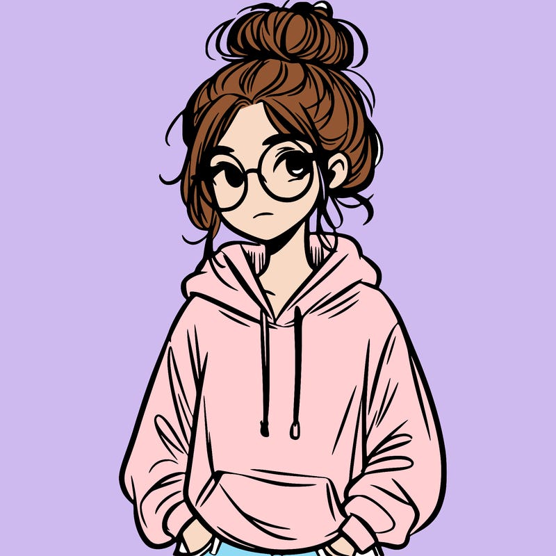 teen girl with a messy bun and glasses wearing a loose hoodie and jeans