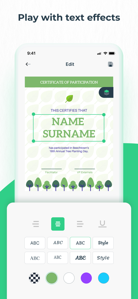 Interface of the e-Certificate Maker app showing text editing tools and a certificate template for tree planting participation