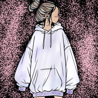 realistic girl with a oversized sweatshirt on and a bun