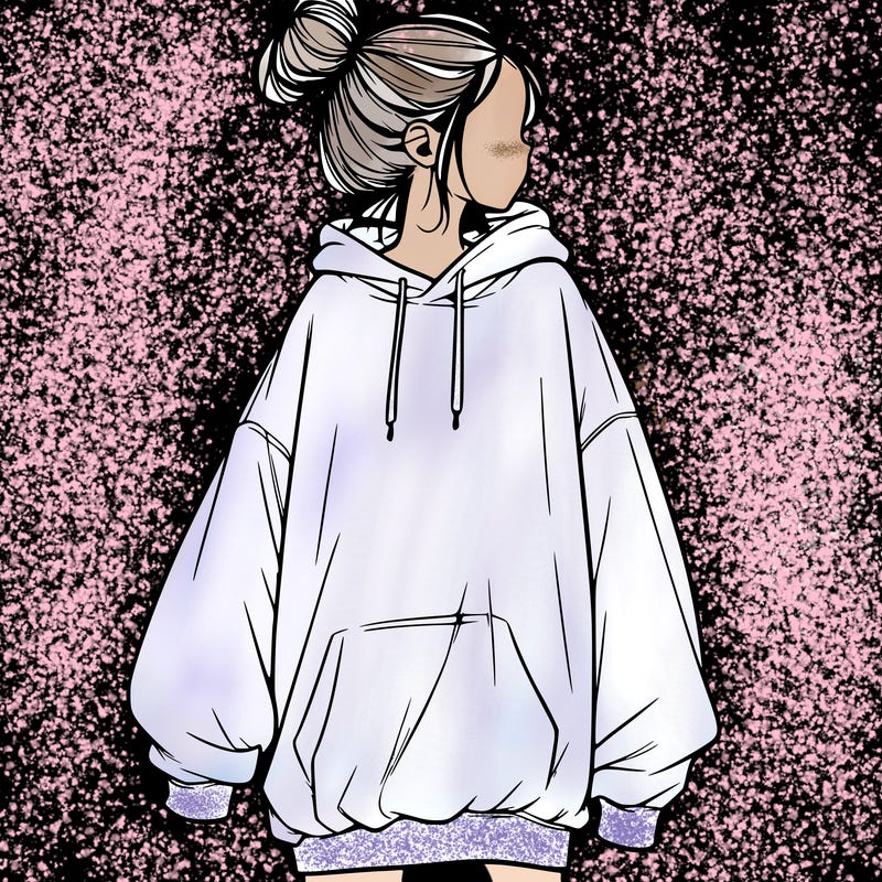 realistic girl with a oversized sweatshirt on and a bun