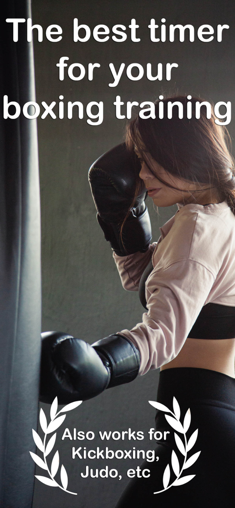 Woman practicing boxing on a heavy bag with text promoting a boxing timer app.