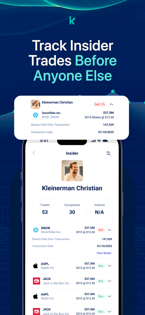 Mobile app interface showing insider trade tracking with data for Snowflake, Apple, and Jack in the Box stocks.