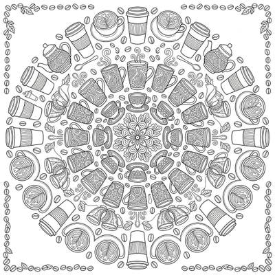 Immerse yourself in a world of symmetrical beauty with this captivating coffee cups mandala coloring page. Featuring a delightful array of mugs, demitasses, and espresso cups arranged in a stunning radial pattern, it's perfect for a relaxing coloring session.
