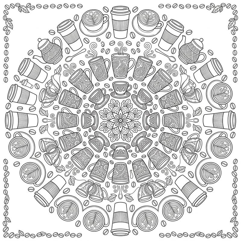 Immerse yourself in a world of symmetrical beauty with this captivating coffee cups mandala coloring page. Featuring a delightful array of mugs, demitasses, and espresso cups arranged in a stunning radial pattern, it's perfect for a relaxing coloring session.