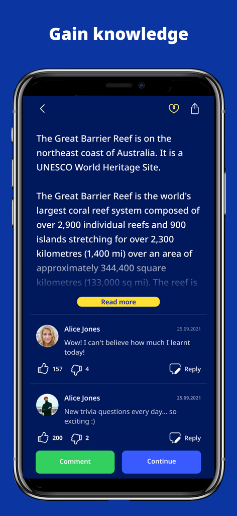 Zen Quiz app screen displaying detailed facts about the Great Barrier Reef and user comments for social interaction.