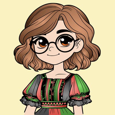 one girl with medium short hair, which are wavy. she has round glasses. she wears a latina outfit.