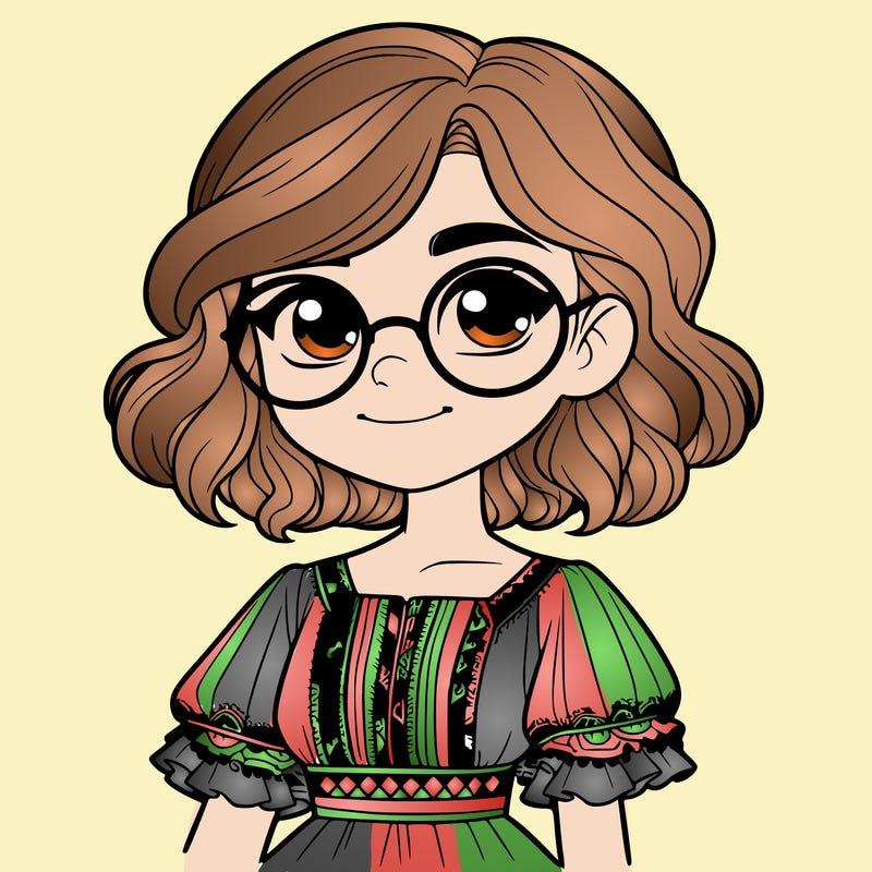 one girl with medium short hair, which are wavy. she has round glasses. she wears a latina outfit.