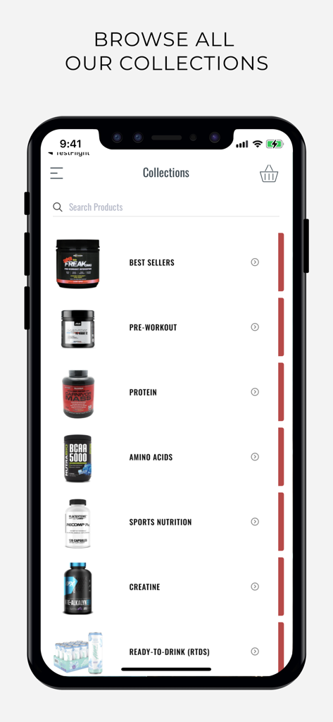 A screenshot of the Get Yok'd app Collections page displaying supplement categories including Best Sellers, Pre-Workout, and Protein.