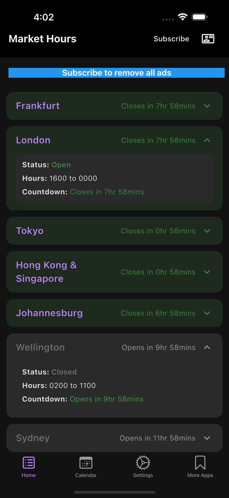 Interface do aplicativo móvel do Easy Forex Hours mostrando o status aberto e fechado em tempo real dos mercados de negociação globais como Londres e Tóquio com cronômetros de contagem regressiva.
