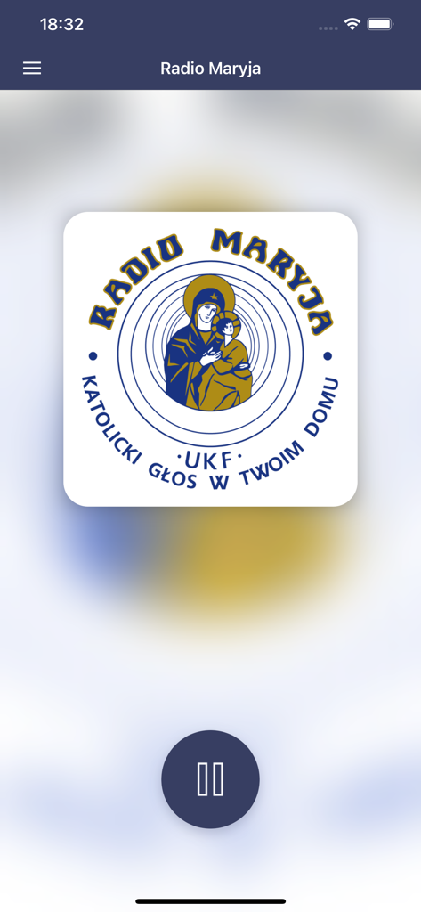 Radio Maryja - Radio Maryja mobile app audio player screen showing the station logo and pause button