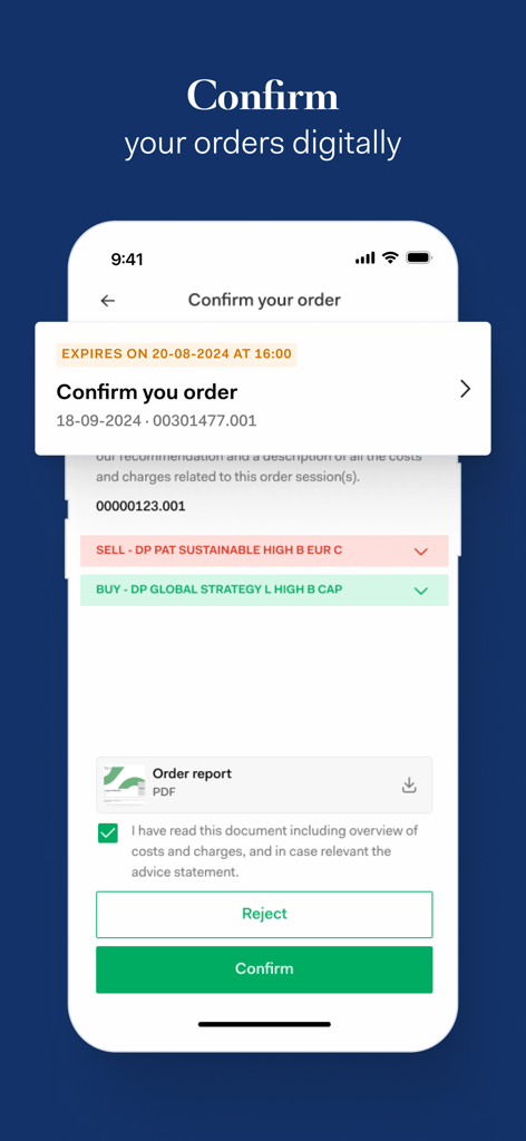 Digitaler Auftragsbestätigungsbildschirm in der mobilen App My Degroof Petercam mit Kauf- und Verkaufsoptionen für Anlageportfolios.