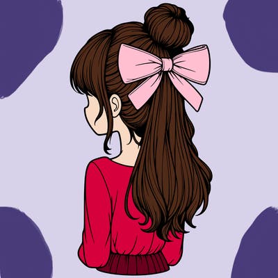 realistic girl  with hip length hair a bun and a big bow on the back of head