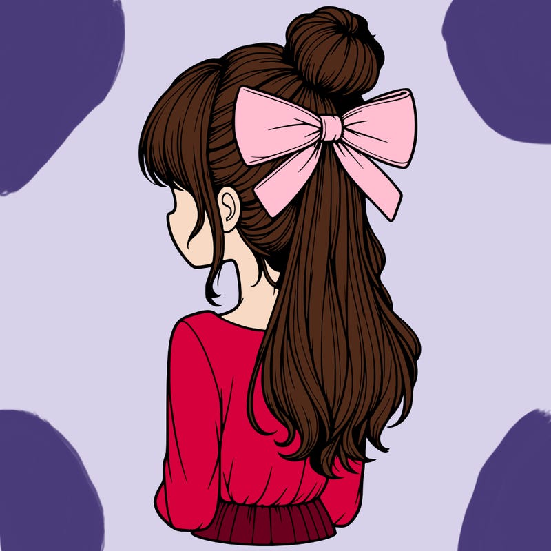 realistic girl  with hip length hair a bun and a big bow on the back of head