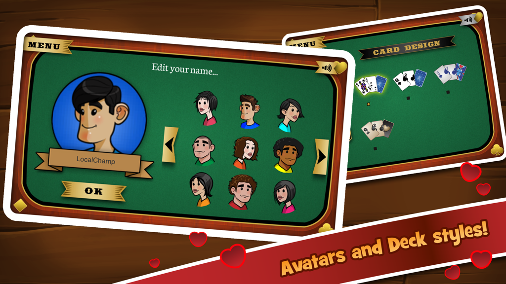 Hearts Multiplayer HD menu screens showing avatar and card deck customization options