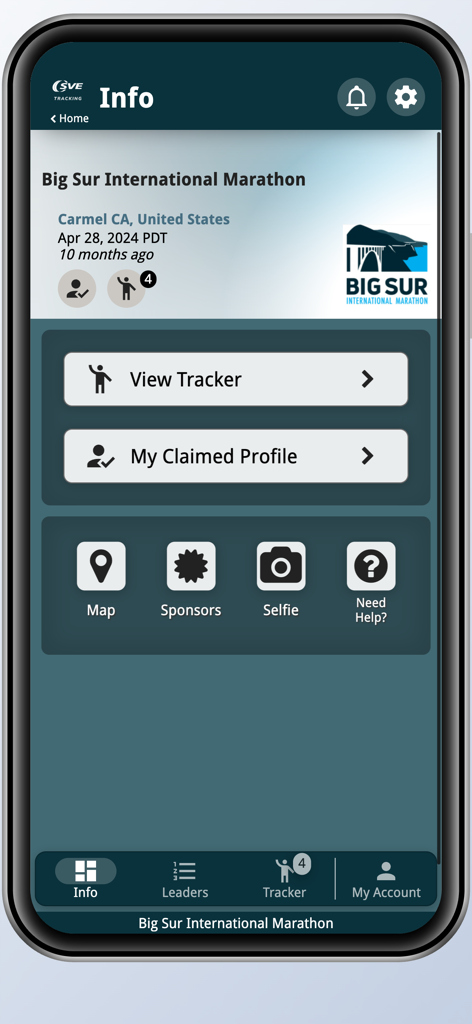 SVE Live! - SVE Live app interface for the Big Sur International Marathon event info page with tracker and profile options.