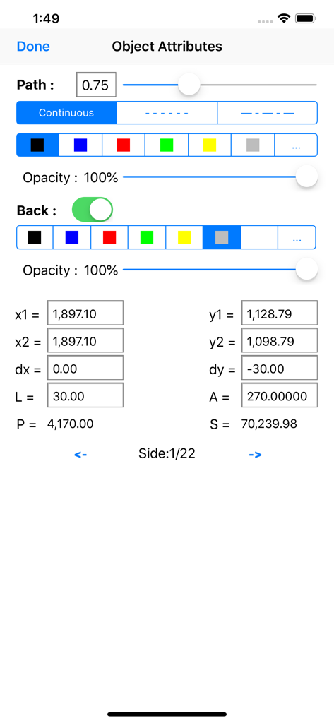 iPocket Draw - Interfaz de iPocket Draw mostrando la configuración de atributos de objetos y coordenadas técnicas.