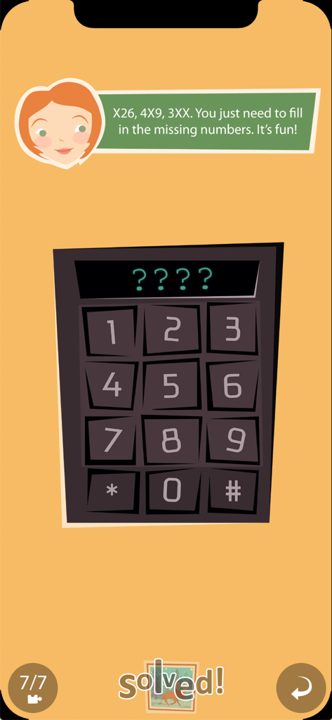 Mystery Puzzle Museum - A numeric keypad puzzle screen from Mystery Puzzle Museum featuring a character hint.