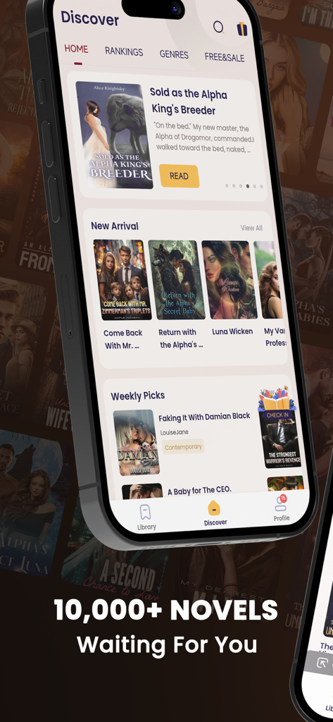 The Discover screen of the NovelOasis app featuring a collection of romance and fantasy web novels.