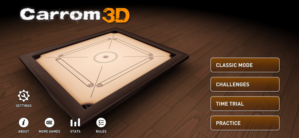 Main menu of Carrom 3D game showing a wooden carrom board and game modes like Classic, Challenges, and Time Trial