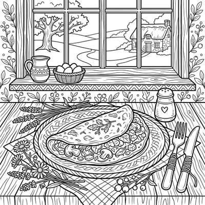 Savor the charm of a rustic morning with this delightful omelette coloring page. Immerse yourself in the comforting cottagecore aesthetic, perfect for a relaxing creative escape.