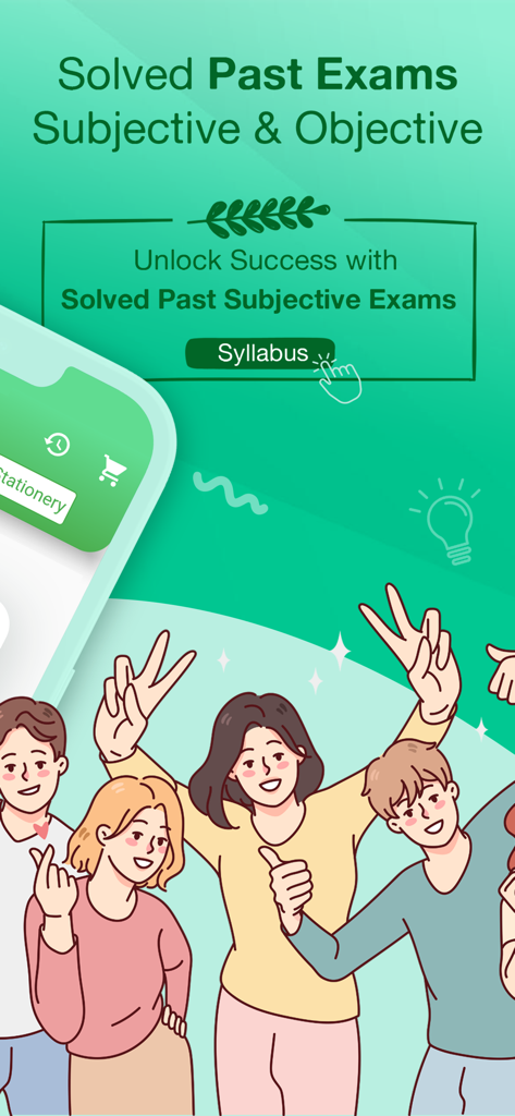 Solved past subjective and objective exams for CSS preparation in the Muqabla app featuring a student illustration.