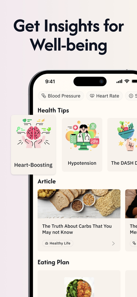Daily Health - Healthy Routine - Interface of the Daily Health app showing health tips, nutrition articles, and vital sign tracking categories.