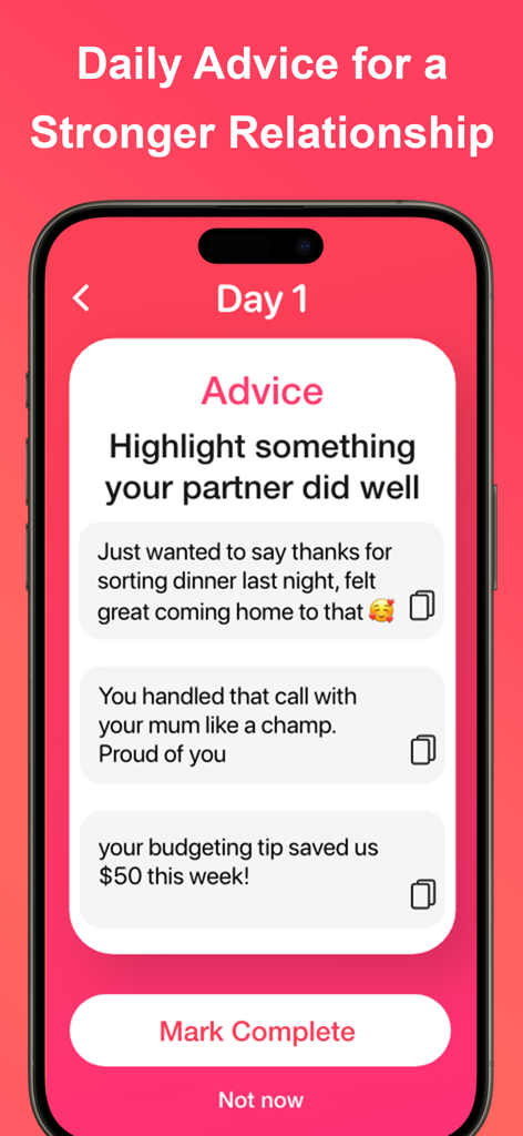 Cheater AI - Catch a Cheater - スマートフォンの画面。絆を強めるための毎日の人間関係のアドバイスと肯定的なメッセージプロンプトが表示されています
