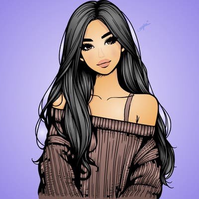 realistic girl with long hair wearing an off the shoulder sweater