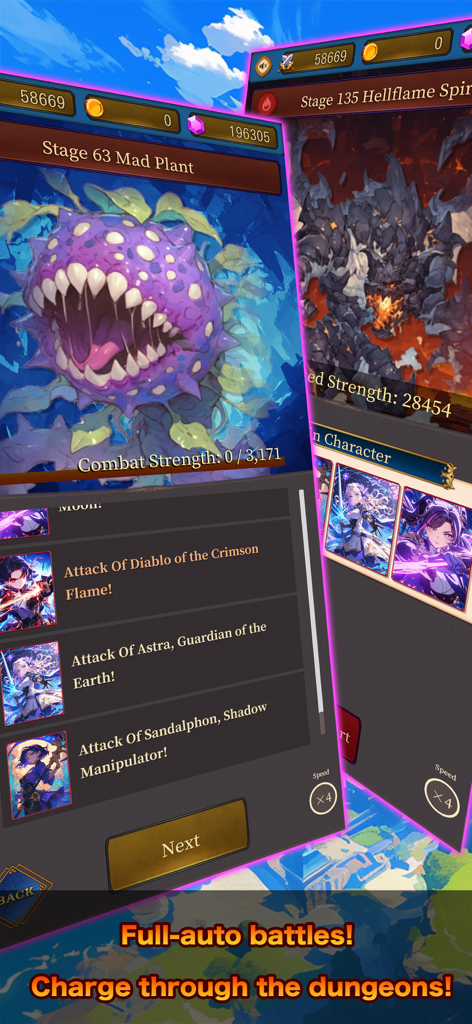 Mystic Dungeon - Mystic Dungeon mobile game interface showing full-auto battles and character attacks against dungeon monsters.