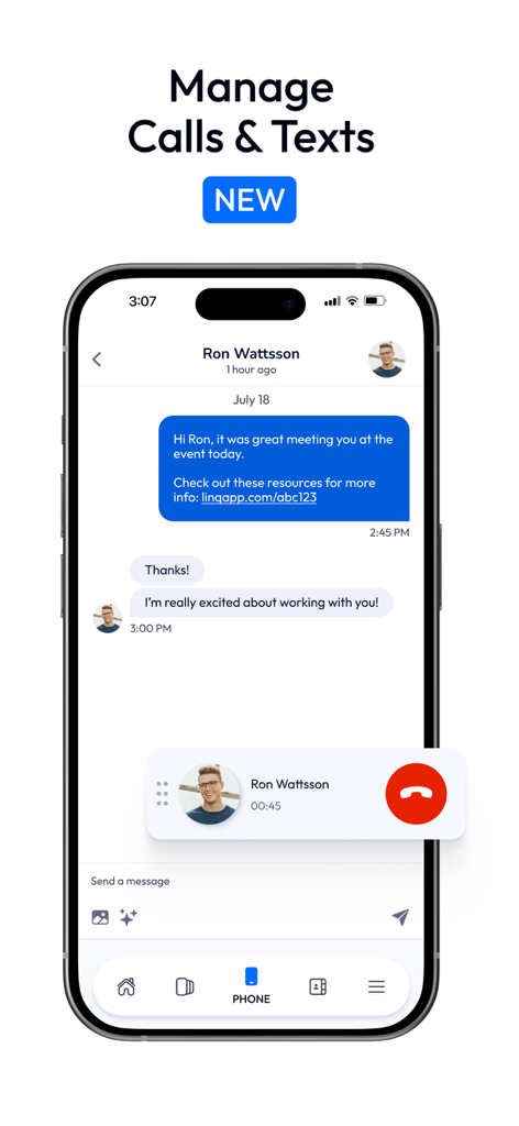 Interface of the Linq app showing a business text conversation and an incoming call overlay