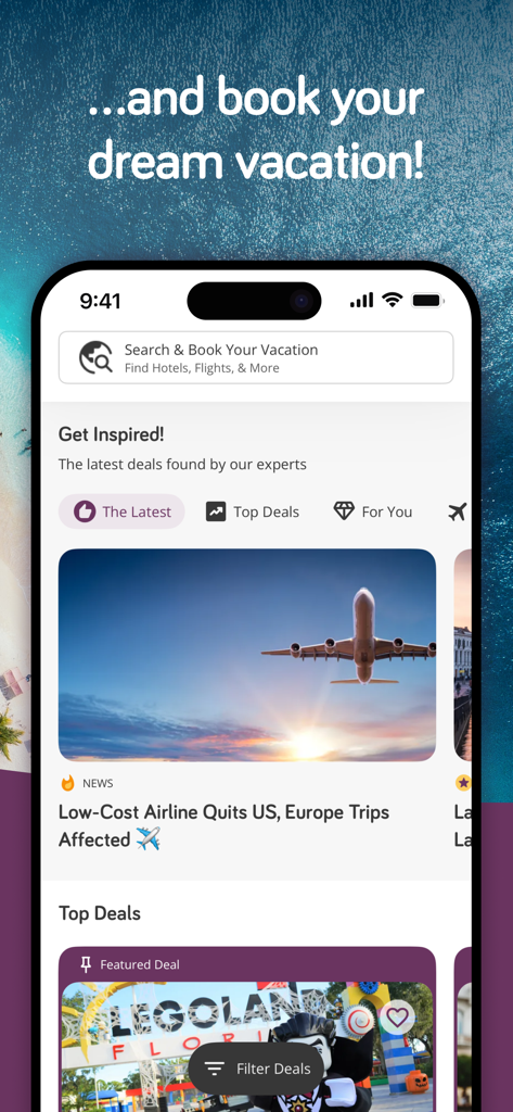 Captura de pantalla de la aplicación TravelPirates que muestra ofertas de viajes, alertas de noticias y paquetes de vacaciones en una interfaz de teléfono móvil