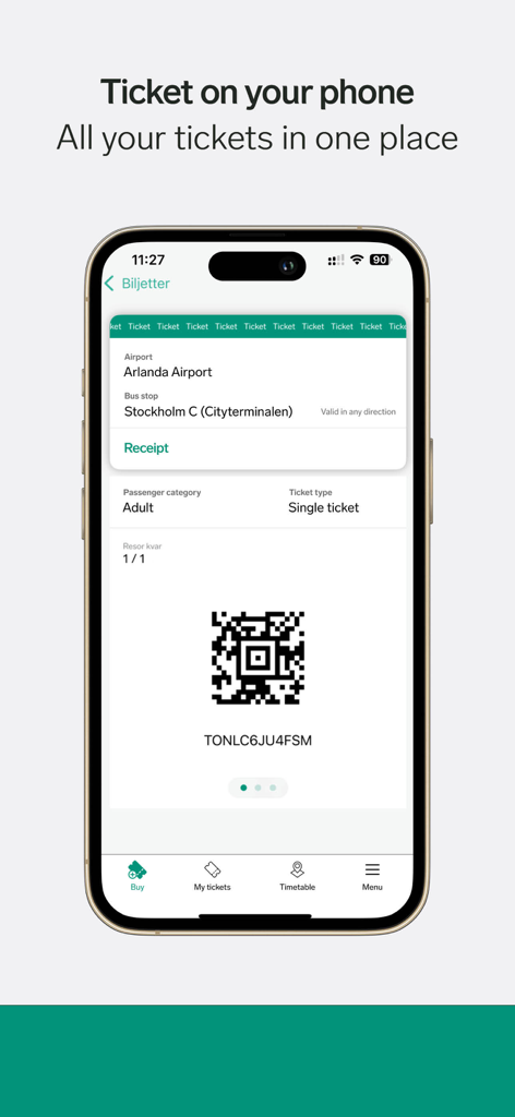 Vy flygbussarna - Digital bus ticket for Arlanda Airport on a smartphone screen