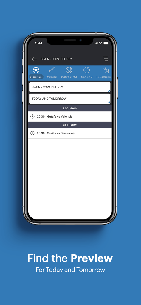 Sportus - Sportus app screen showing soccer match previews for Spain Copa Del Rey