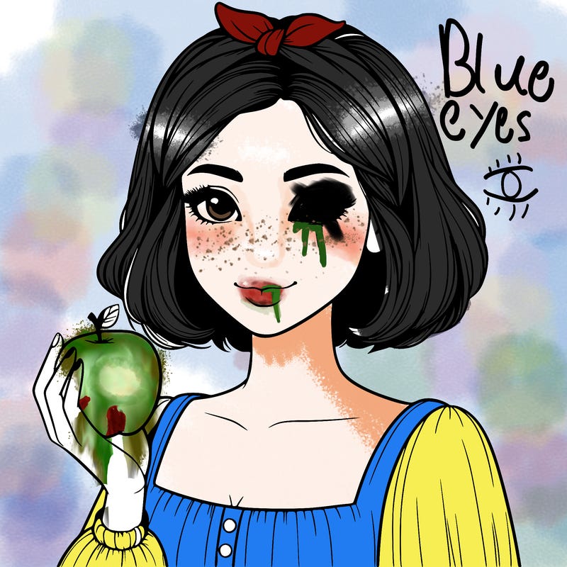 a woman with medium short hair, wearing a headband with a small bow, carrying an apple in her hand, realistic