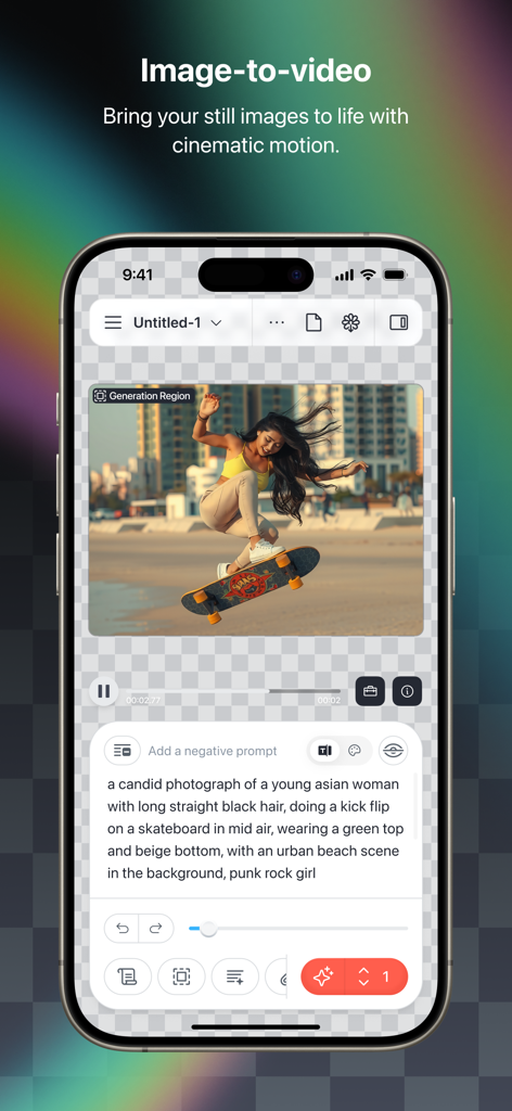 Draw Things: Offline AI Art - Draw Things app interface showing AI image-to-video feature with a woman skateboarding on a beach.