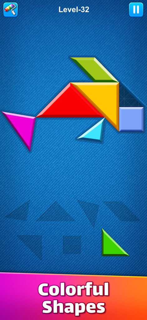 Eine Delfinform aus bunten Tangram-Puzzleteilen auf blauem Hintergrund