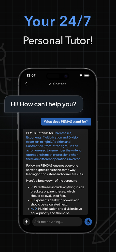 AI Tutor: Homework Helper - Chatbot do aplicativo Tutor de IA explicando as regras de matemática PEMDAS
