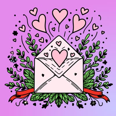 an envelope with hearts floating out of it, surrounded by floral accents or ribbons.