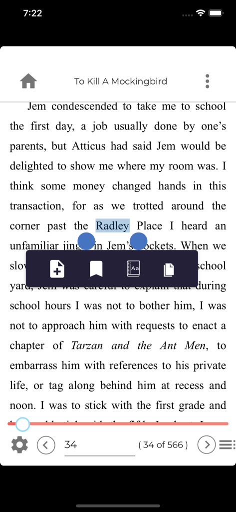 ReadCloud - ReadCloud mobile app displaying a page from To Kill A Mockingbird with a text selection menu for annotations